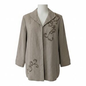 Coldwater Creek Linen Jacket Womens Sz 20 Tan Embroidered Open Front Blazer Boho